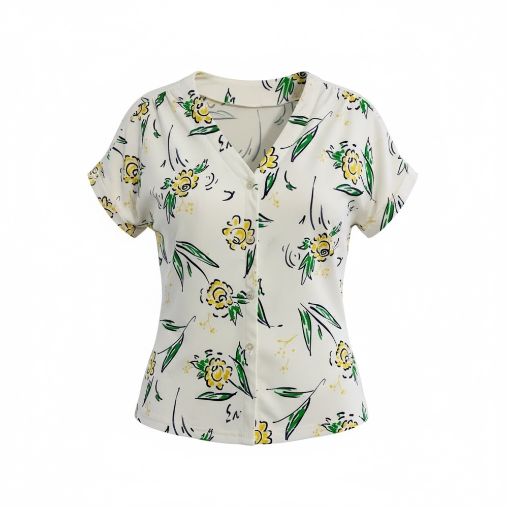 Vintage 1970’s Fresh Start Blouse Sz M Floral Polyester Button Up Retro Career